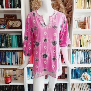 Charter Club Pink Cotton Embroidered Details Floral Pattern V Neck Tunic P269